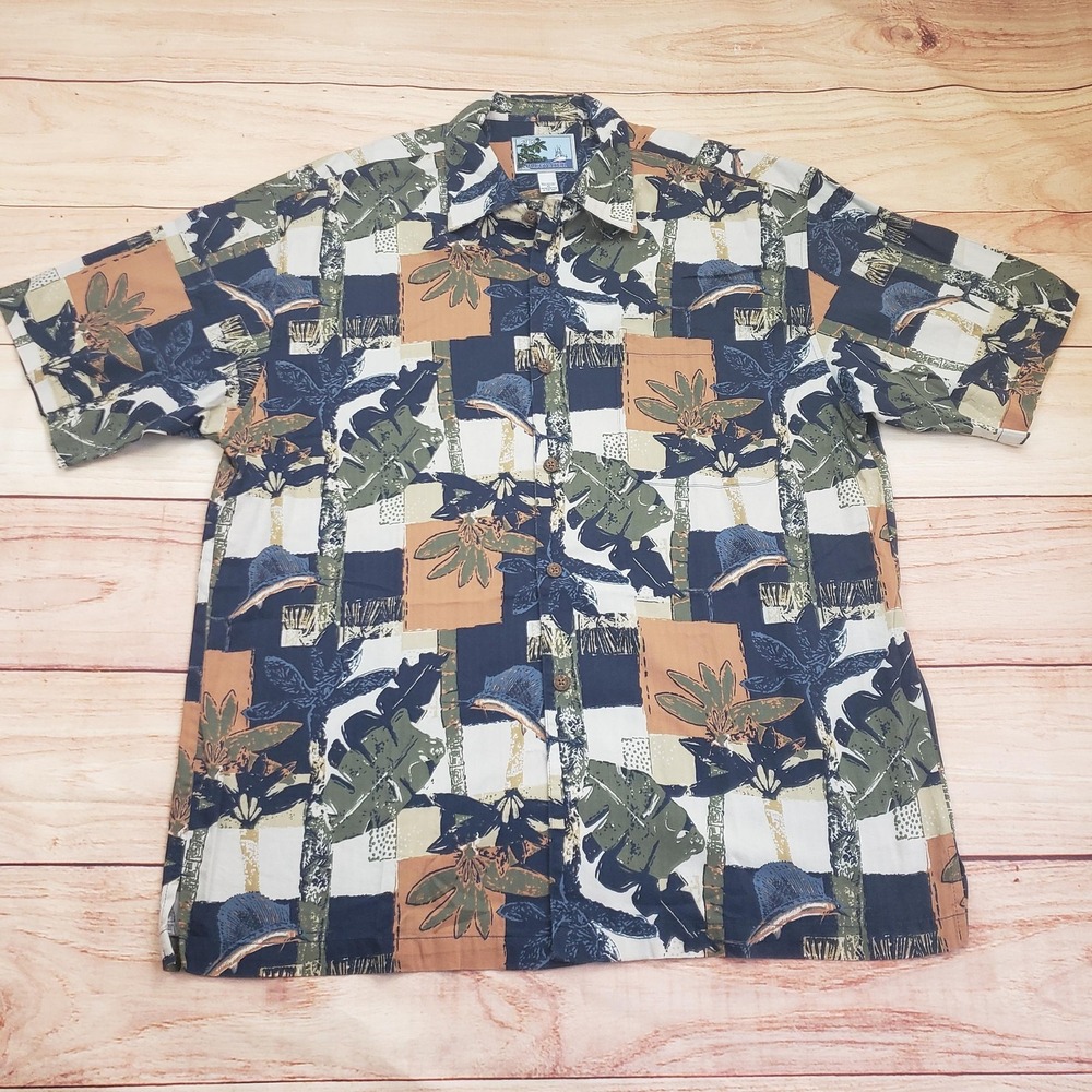 AFTCO Bluewater Shirt Mens XL Blue Tropical Swordfish Hawaiian Button‎ Up USA